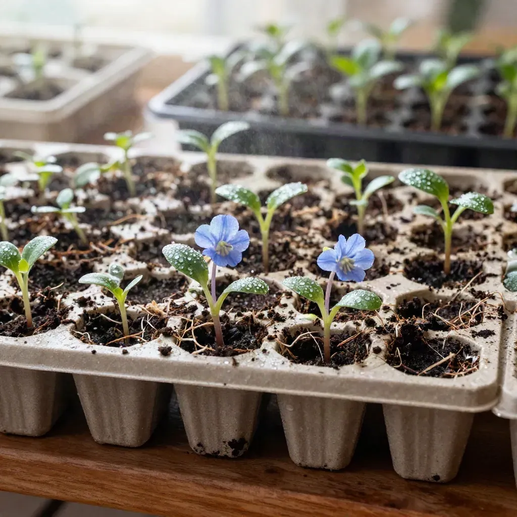 Bandejas de plántulas con brotes de campánula recién rociados y compost oscuro.