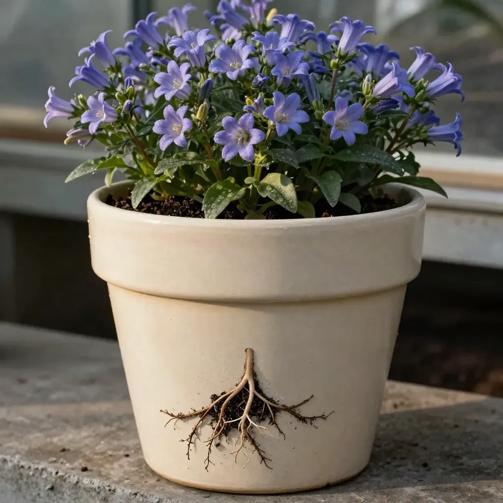 Maceta ancha de campánula con raíces acomodadas y flores sobre banco de vivero.