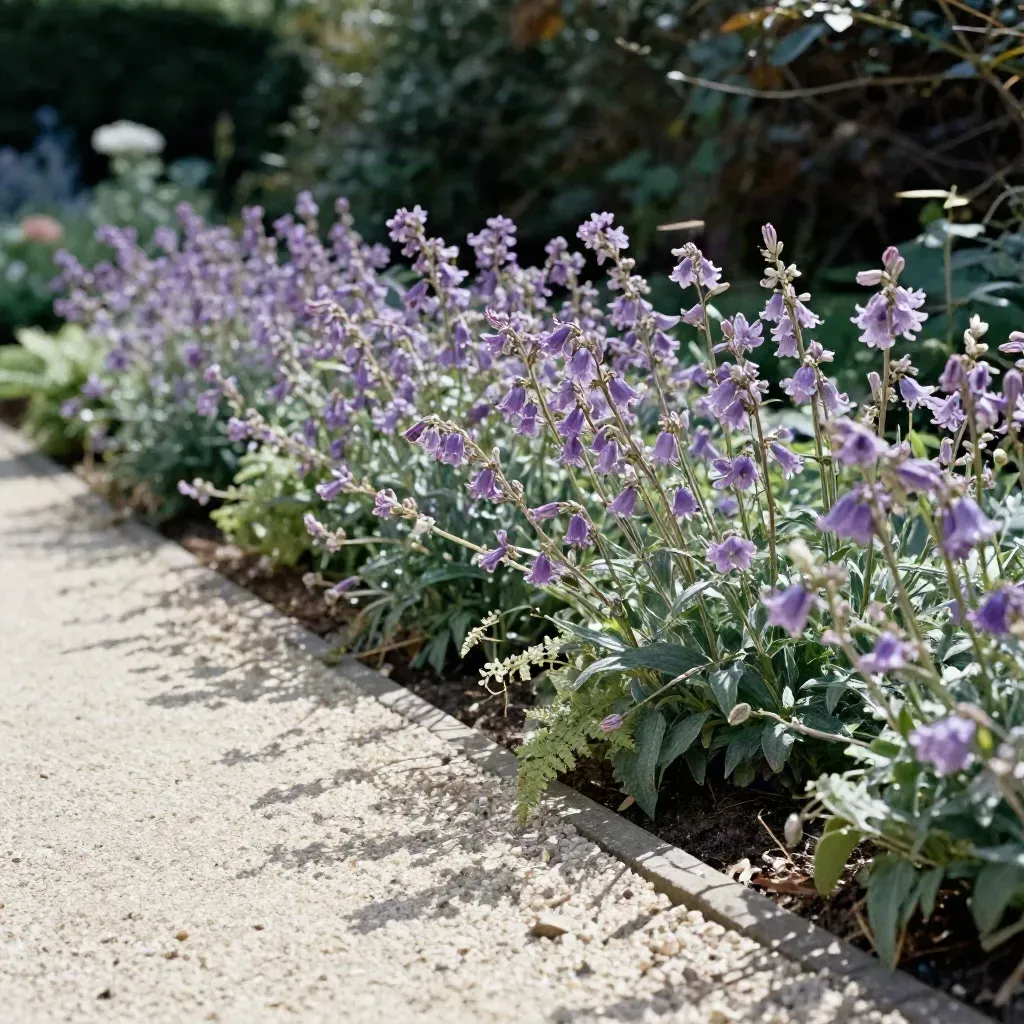 Bordes de jardín con campánulas lilas movidas por el viento junto a grava.